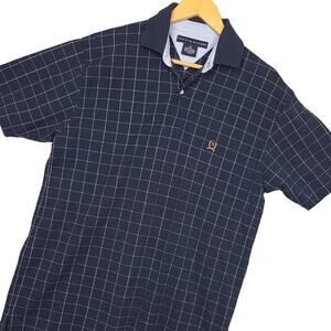 Tommy Hilfiger Men's Polo Shirt Sz Medium Short Sleeve Logo Geometric Navy Blue